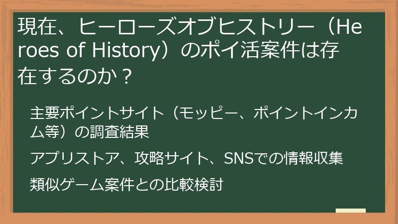 現在、ヒーローズオブヒストリー（Heroes of History）のポイ活案件は存在するのか？