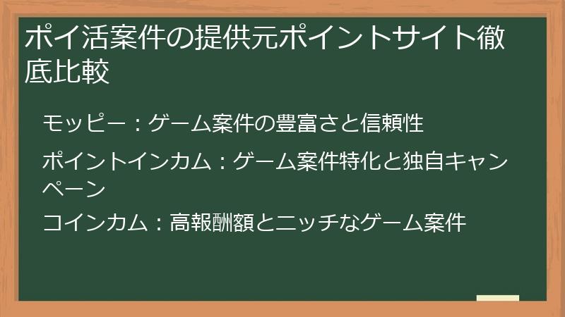ポイ活案件の提供元ポイントサイト徹底比較