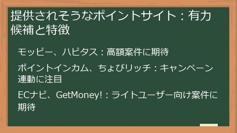 提供されそうなポイントサイト：有力候補と特徴
