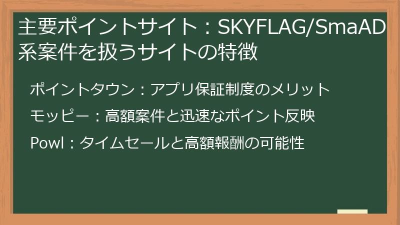 主要ポイントサイト:SKYFLAG/SmaAD系案件を扱うサイトの特徴