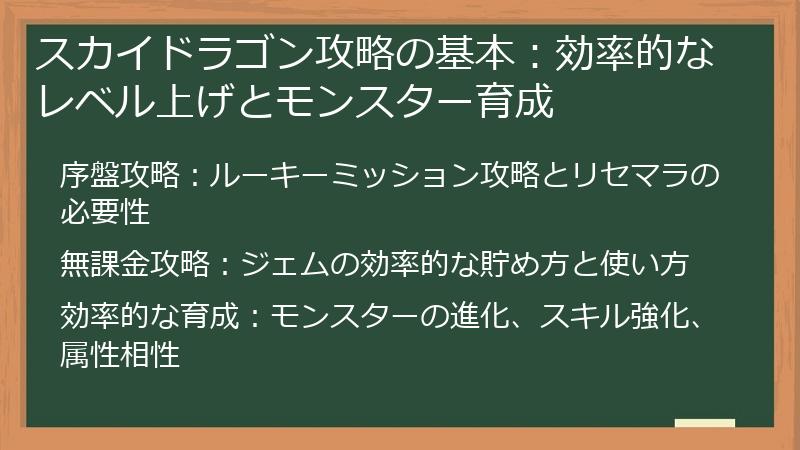 スカイドラゴン攻略の基本：効率的なレベル上げとモンスター育成