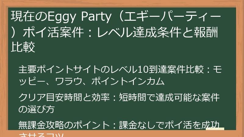 現在のEggy Party（エギーパーティー）ポイ活案件：レベル達成条件と報酬比較