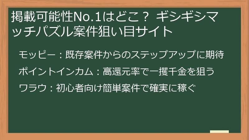 掲載可能性No.1はどこ？ ギシギシマッチパズル案件狙い目サイト
