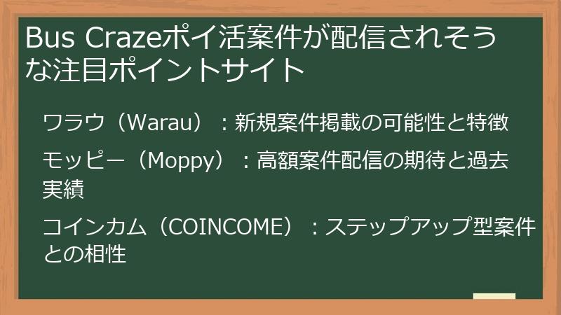 Bus Crazeポイ活案件が配信されそうな注目ポイントサイト