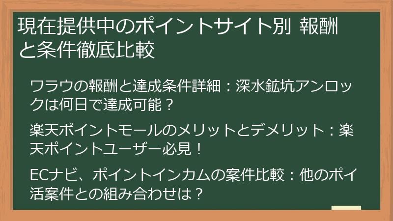 現在提供中のポイントサイト別 報酬と条件徹底比較