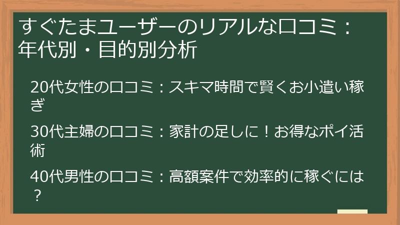 すぐたまユーザーのリアルな口コミ：年代別・目的別分析