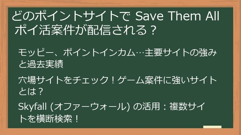どのポイントサイトで Save Them All ポイ活案件が配信される？