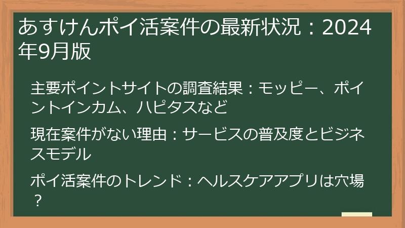 あすけんポイ活案件の最新状況：2024年9月版