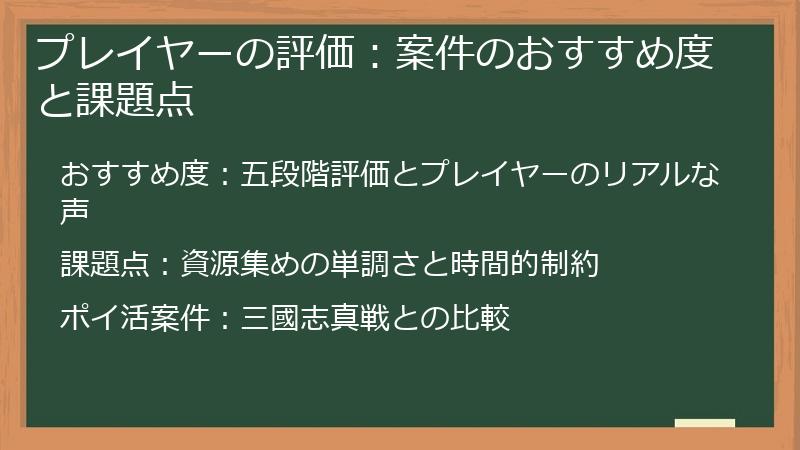プレイヤーの評価：案件のおすすめ度と課題点