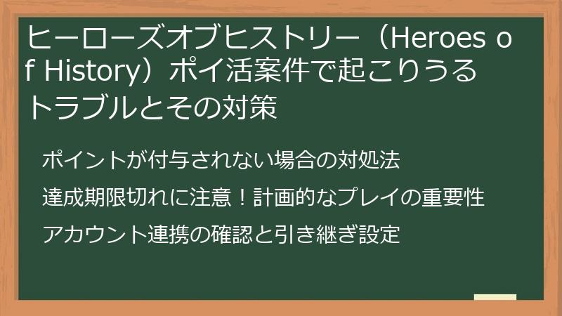 ヒーローズオブヒストリー（Heroes of History）ポイ活案件で起こりうるトラブルとその対策