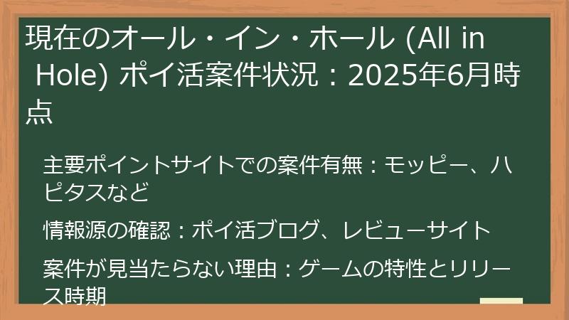 現在のオール・イン・ホール (All in Hole) ポイ活案件状況：2025年6月時点