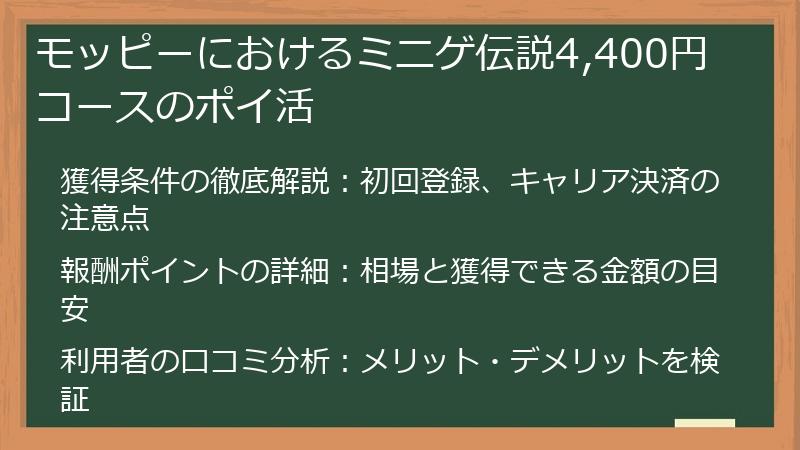 モッピーにおけるミニゲ伝説4,400円コースのポイ活