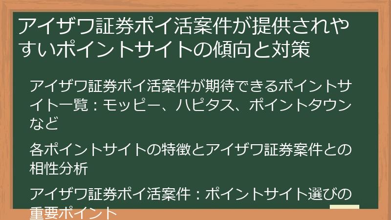 アイザワ証券ポイ活案件が提供されやすいポイントサイトの傾向と対策