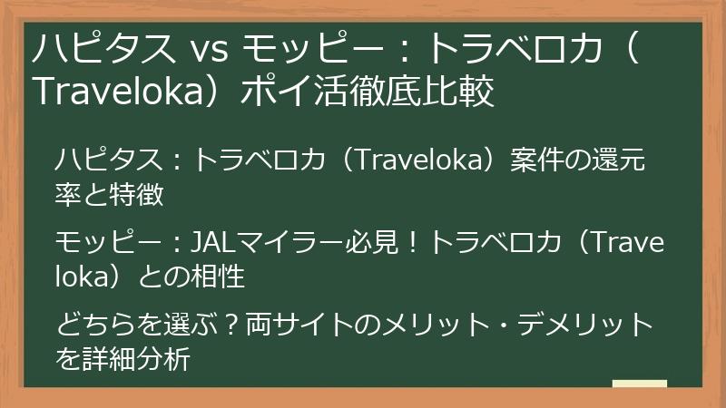 ハピタス vs モッピー：トラベロカ（Traveloka）ポイ活徹底比較