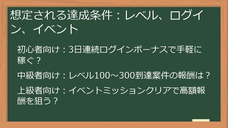 想定される達成条件：レベル、ログイン、イベント