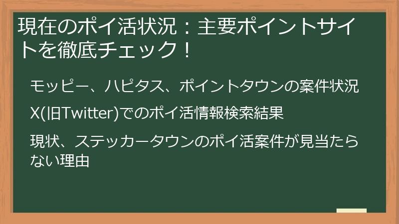 現在のポイ活状況：主要ポイントサイトを徹底チェック！