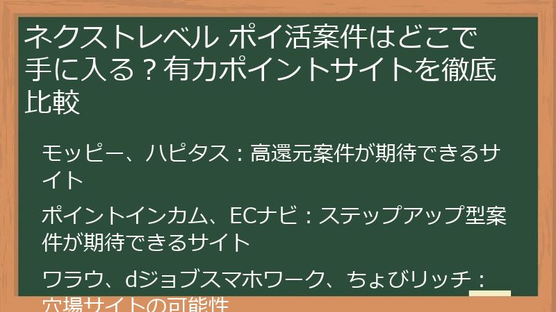 ネクストレベル ポイ活案件はどこで手に入る？有力ポイントサイトを徹底比較