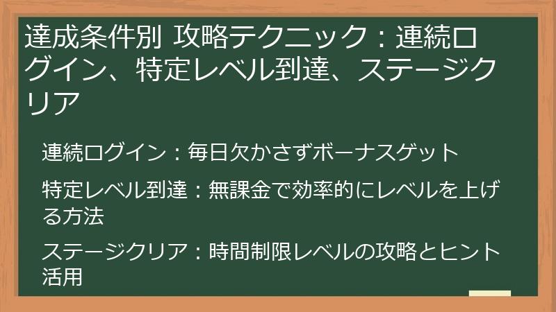 達成条件別 攻略テクニック：連続ログイン、特定レベル到達、ステージクリア