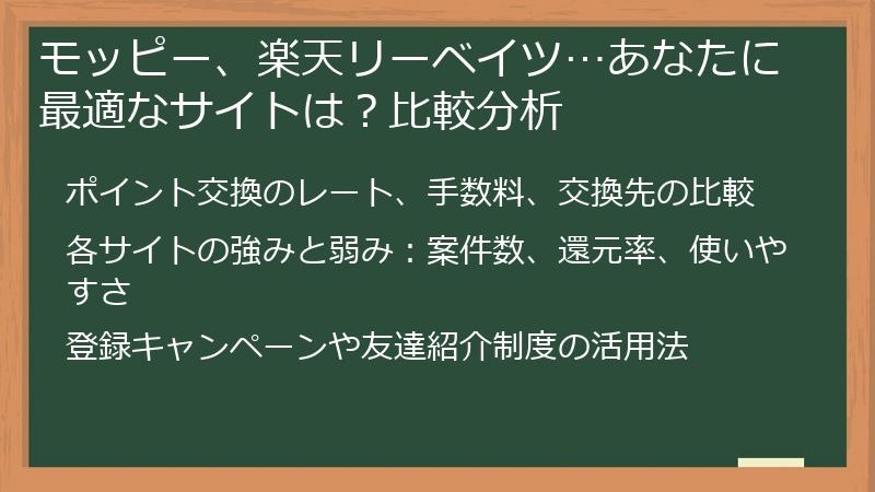 モッピー、楽天リーベイツ…あなたに最適なサイトは?比較分析