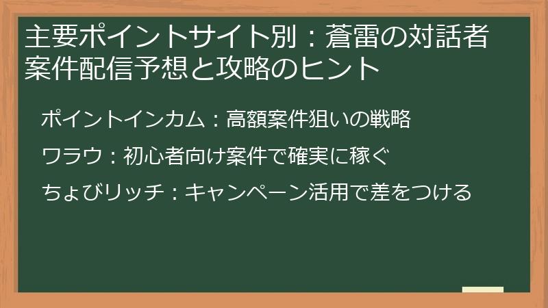 主要ポイントサイト別：蒼雷の対話者案件配信予想と攻略のヒント