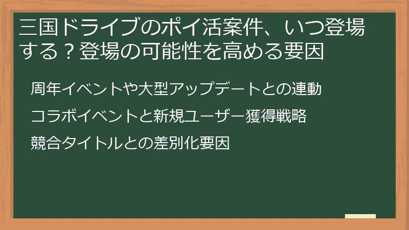 三国ドライブのポイ活案件、いつ登場する？登場の可能性を高める要因