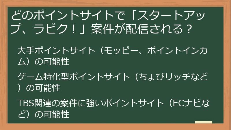 どのポイントサイトで「スタートアップ、ラビク！」案件が配信される？