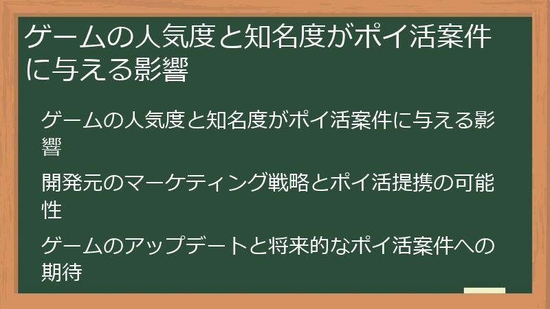 ゲームの人気度と知名度がポイ活案件に与える影響