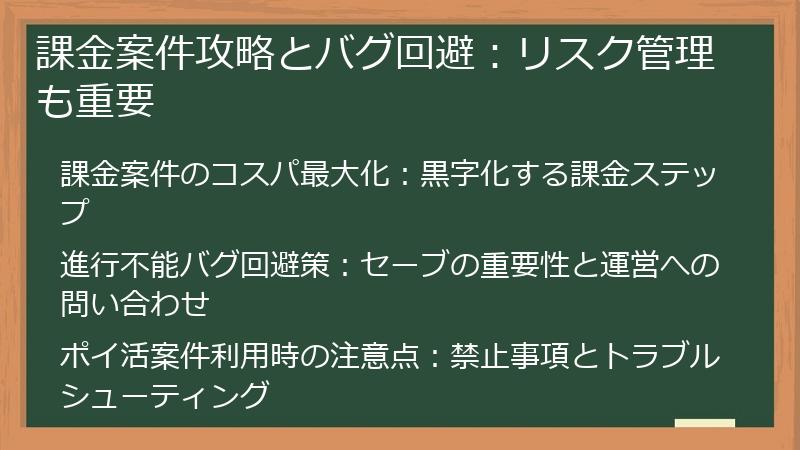 課金案件攻略とバグ回避:リスク管理も重要