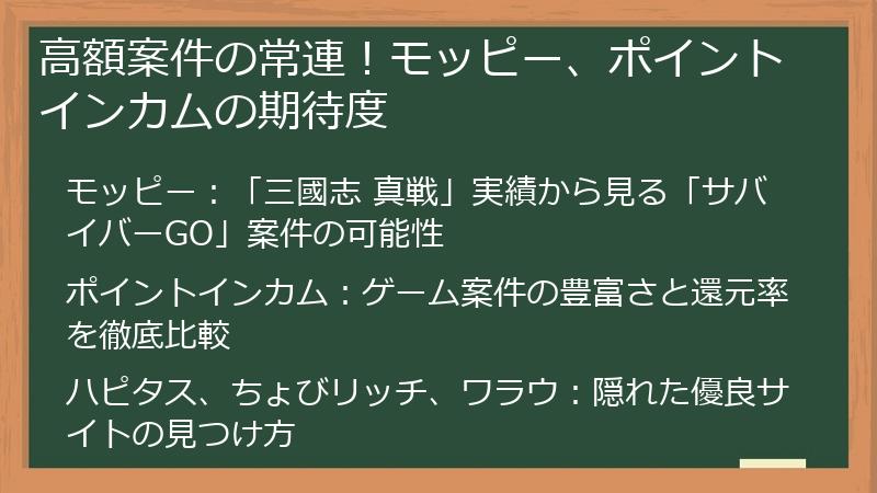 高額案件の常連！モッピー、ポイントインカムの期待度