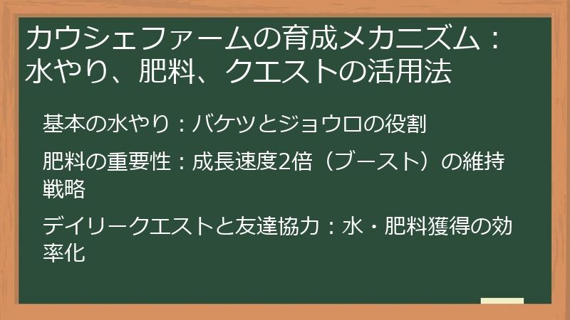 カウシェファームの育成メカニズム：水やり、肥料、クエストの活用法