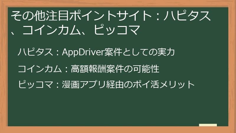 その他注目ポイントサイト：ハピタス、コインカム、ピッコマ