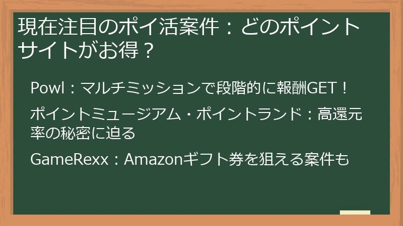 現在注目のポイ活案件：どのポイントサイトがお得？