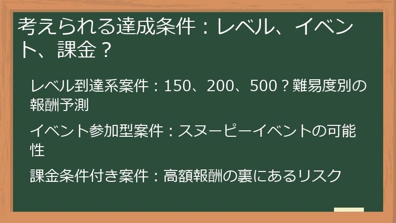 考えられる達成条件：レベル、イベント、課金？