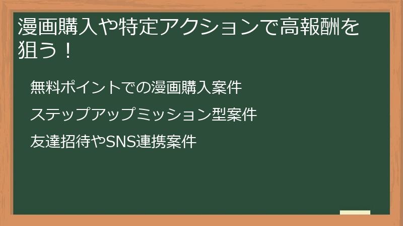 漫画購入や特定アクションで高報酬を狙う！