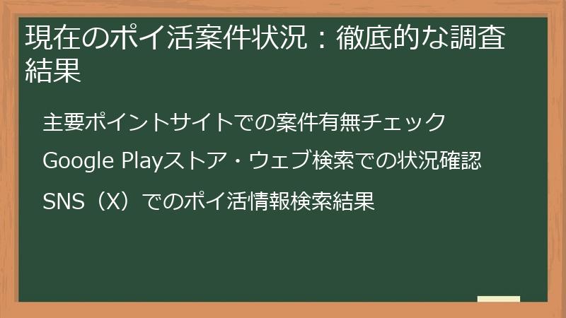 現在のポイ活案件状況：徹底的な調査結果