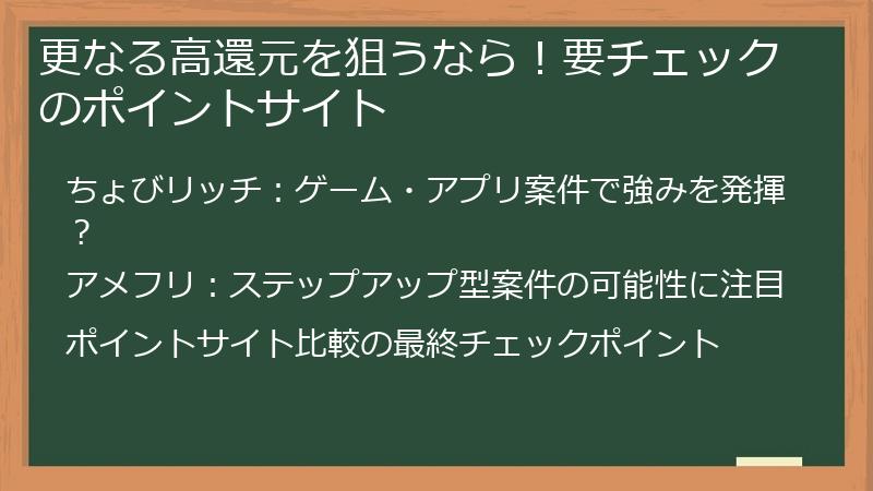更なる高還元を狙うなら！要チェックのポイントサイト