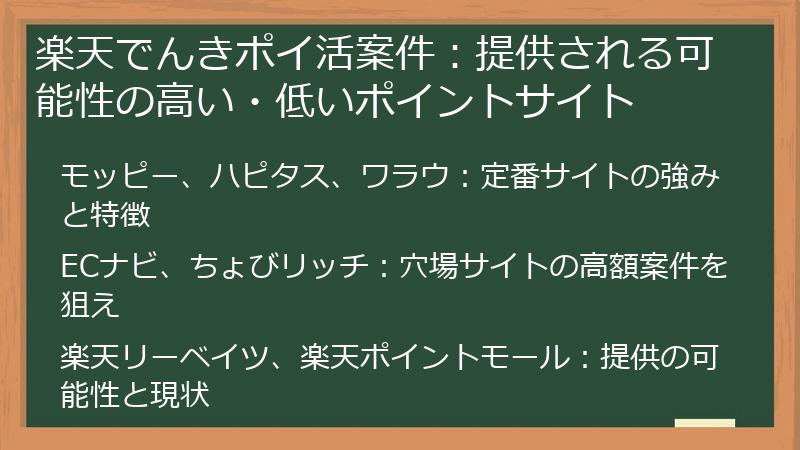 楽天でんきポイ活案件：提供される可能性の高い・低いポイントサイト
