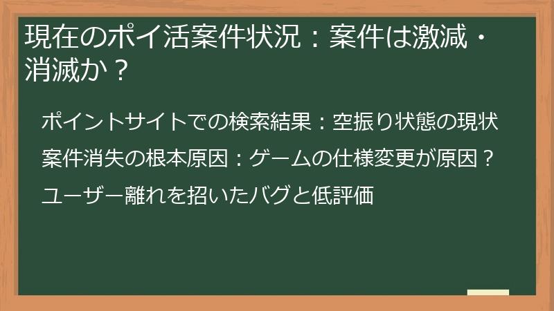 現在のポイ活案件状況：案件は激減・消滅か？