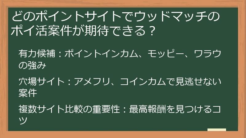 どのポイントサイトでウッドマッチのポイ活案件が期待できる？