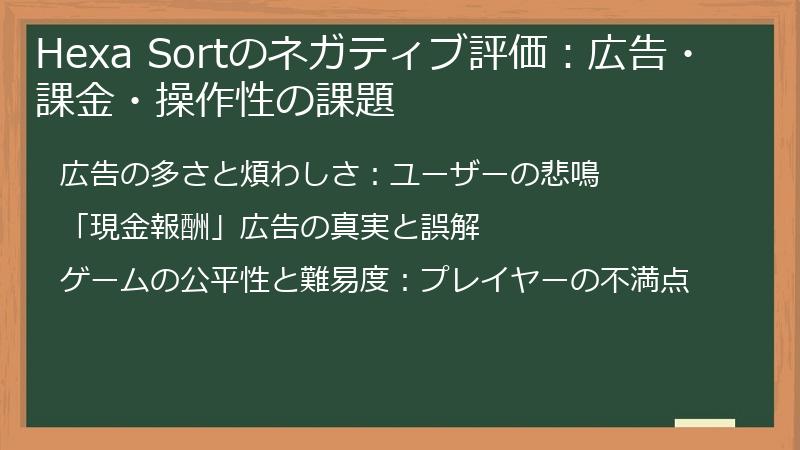 Hexa Sortのネガティブ評価：広告・課金・操作性の課題