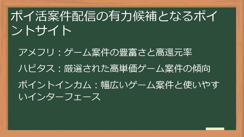 ポイ活案件配信の有力候補となるポイントサイト