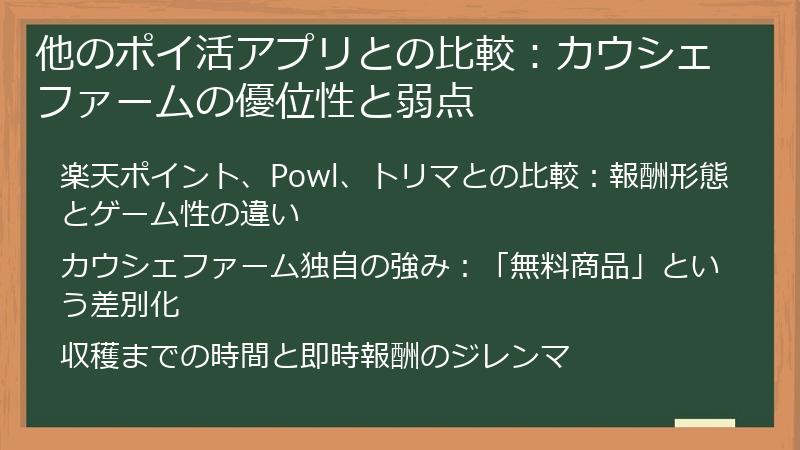 他のポイ活アプリとの比較:カウシェファームの優位性と弱点