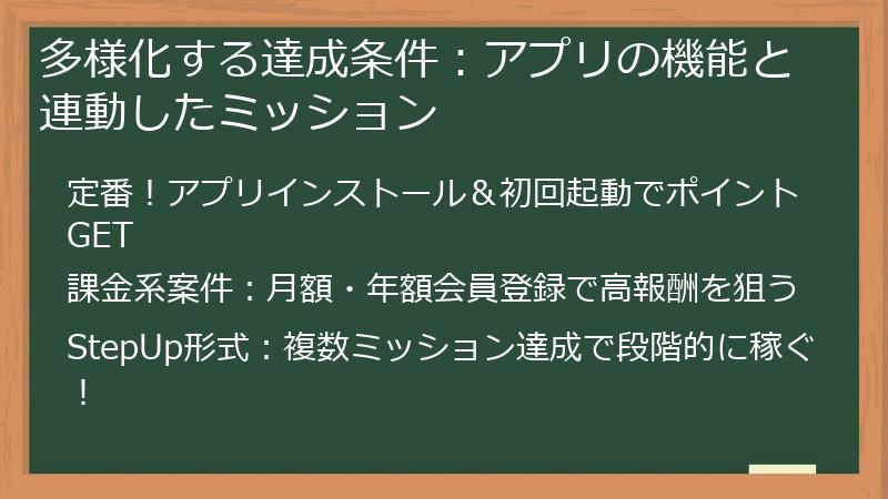 多様化する達成条件：アプリの機能と連動したミッション