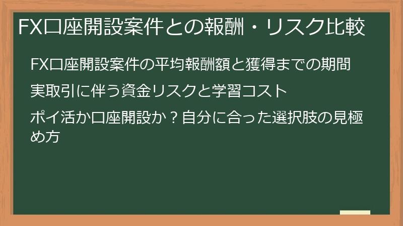 FX口座開設案件との報酬・リスク比較