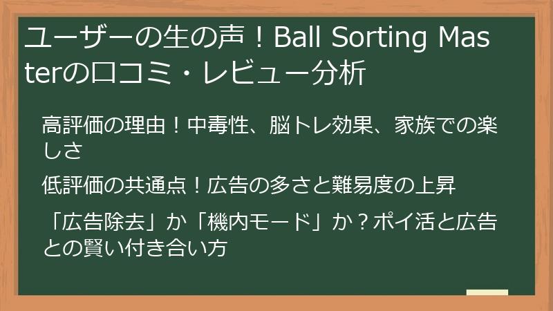 ユーザーの生の声！Ball Sorting Masterの口コミ・レビュー分析