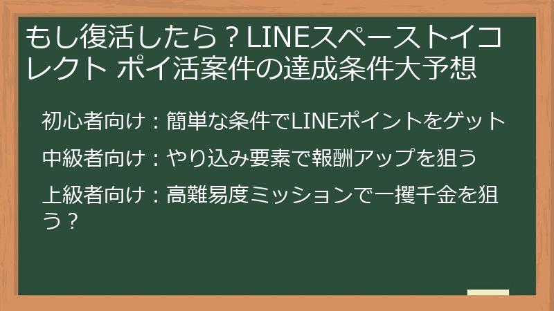 もし復活したら？LINEスペーストイコレクト ポイ活案件の達成条件大予想