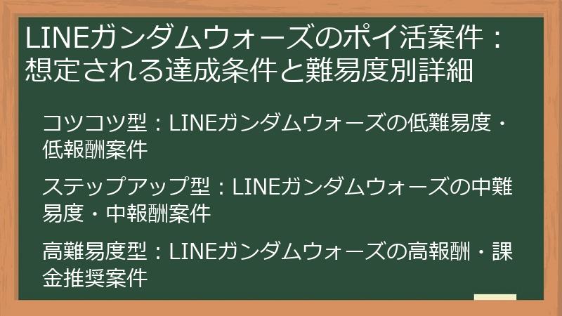 LINEガンダムウォーズのポイ活案件：想定される達成条件と難易度別詳細