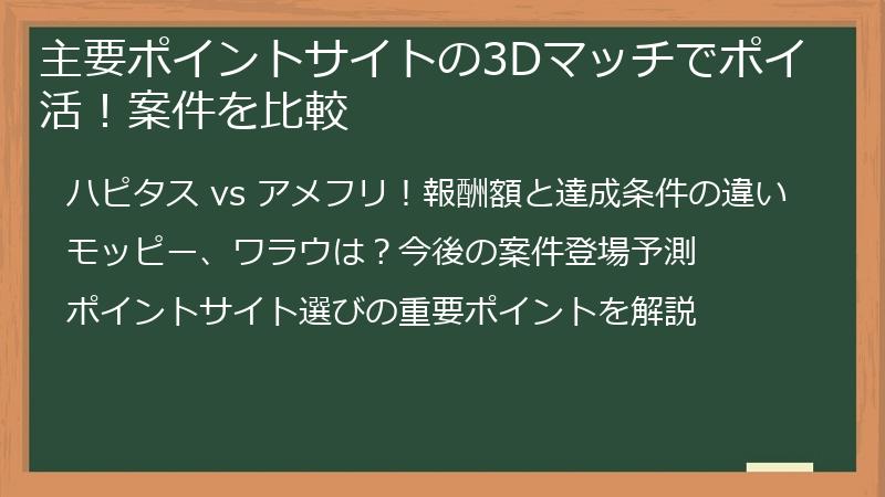 主要ポイントサイトの3Dマッチでポイ活！案件を比較