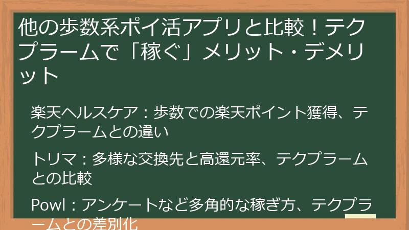 他の歩数系ポイ活アプリと比較!テクプラームで「稼ぐ」メリット・デメリット