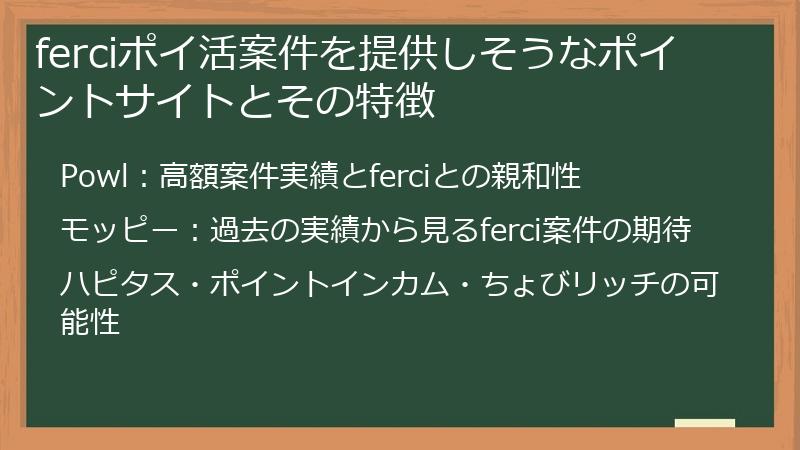 ferciポイ活案件を提供しそうなポイントサイトとその特徴